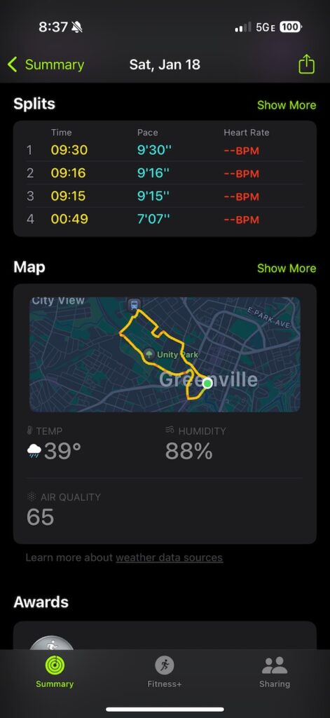 post-race apple fitness stats - splits - map - weather