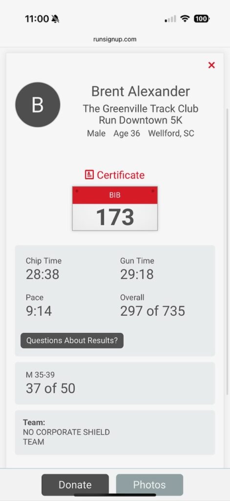 GTC Rundown 5K - brent's results - chip time 28:38 - pace 9:14 - overall place 297 of 735